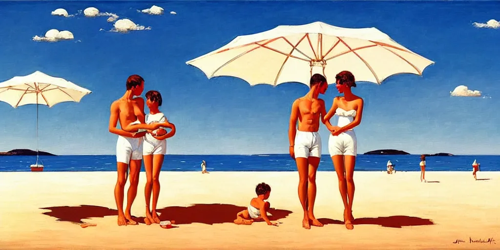 Image similar to a couple and a baby on a beach in sardinia, white sand, blue sky, summer, painting by jack vettriano