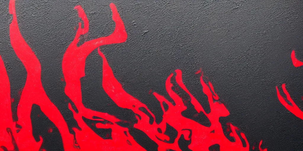 Prompt: photograph of red graffiti inspired by flames, on a black wall, Sigma 50mm, ƒ/8, Focal length_ 50.0 mm