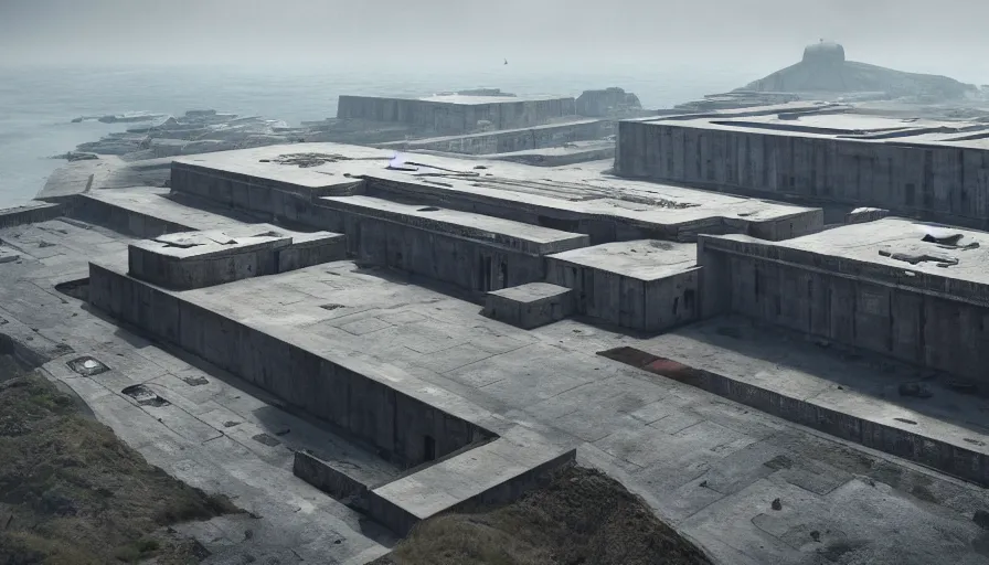 Image similar to big brutalist imperial military base on cliffs, drawing architecture, very long shot, top angle, imperial architecture in rogue one, pritzker architecture prize, brutalism architecture, jan urschel, greig fraser