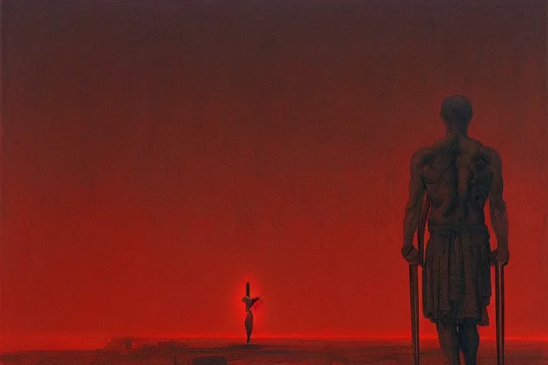 Image similar to only with red, caesar after war, a red tiger, in hoc signo vinces, rome in background, an ancient path, in the style of beksinski, part by hopper, part by rodcenko, part by hofbauer, intricate composition, red by caravaggio, insanely quality, highly detailed, masterpiece, red light, artstation