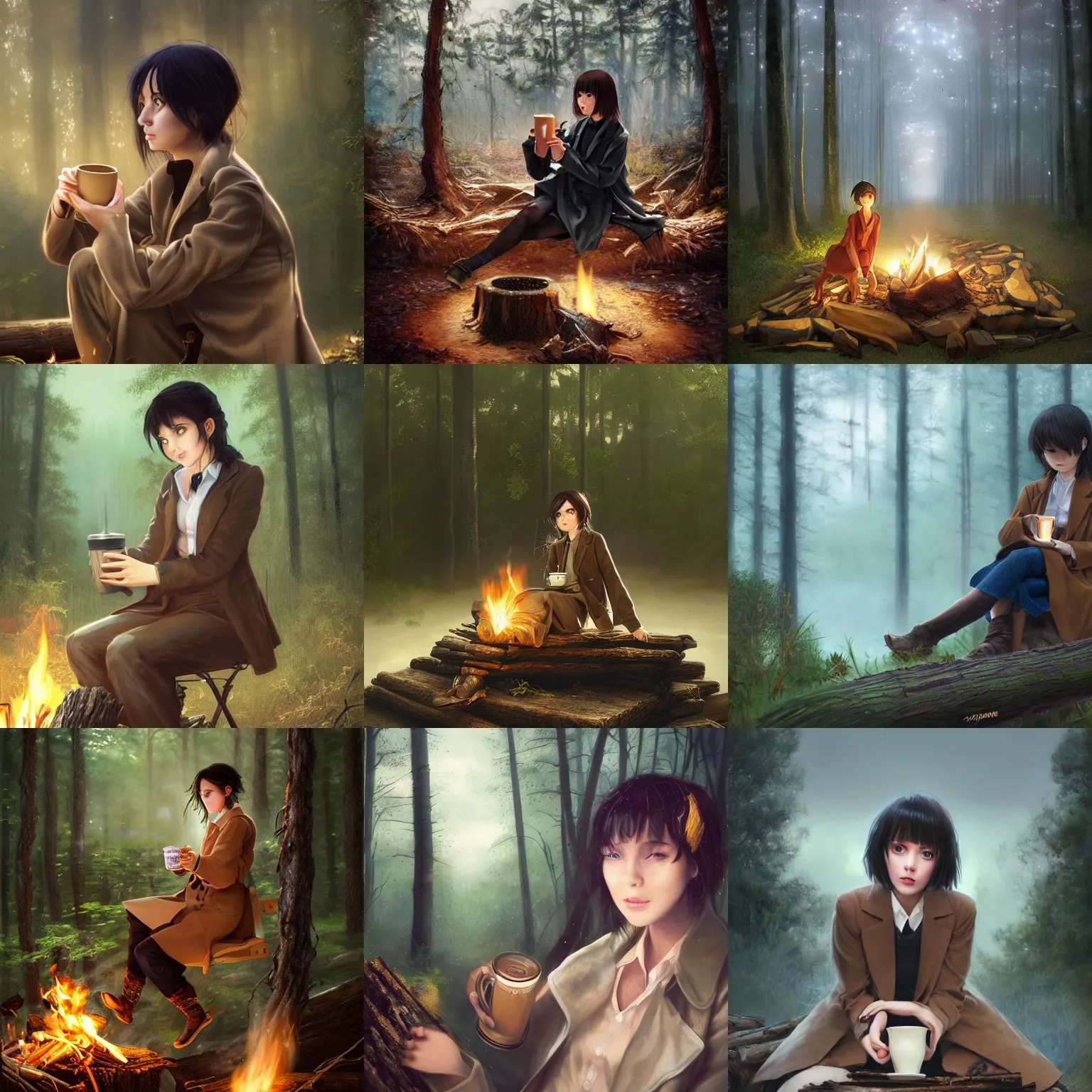Prompt: A hyper realistic Octane Houdini 3d VFX anime girl by WLOP with short black hair and green eyes in a tan trenchcoat sitting on a log and drinking tea by the campfire by her motorcycle at night under the stars, evocative, mystical night, very very very very detailed, award winning, masterpiece digital painting by Greg Rutkowski, Alex Grey, artstation, 4k wallpaper