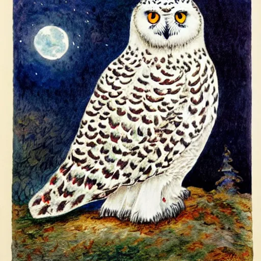 Image similar to snowy owl crossed with a snow leopard to make a gryphon, Louis William Wain watercolor,