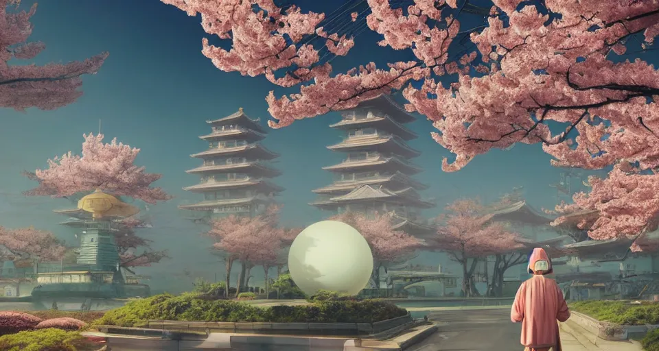 Image similar to Futuristic Japanese landscape with lots of Sakura blossoms and a temple, center composition, cinematic, rendered by simon stålenhag, rendered by Beeple, Makoto Shinkai, syd meade, environment concept, digital art, starwars, unreal engine, 3 point perspective, WLOP, trending on artstation, low level, 4K UHD image, octane render,