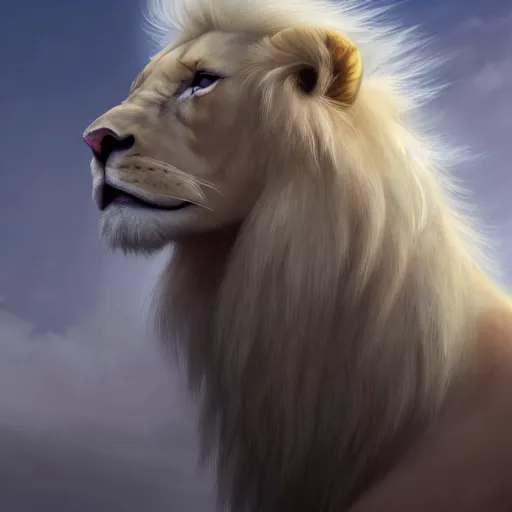 Image similar to a beautfiul aesthetic commission portrait of a anthro albino lion looking at the sky worried,attractive beautiful face,detailes face,expression,natural lighting,fantasy art,deviantart,artstation,character design by charles bowater,ross tran,greg rutkowski,4k,photorealistic