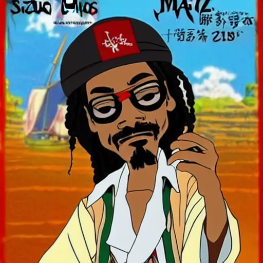 Image similar to Snoop Dogg as a Captain Jack Sparrow, Anime poster, in hayao Miyazaki style, studio Ghibli