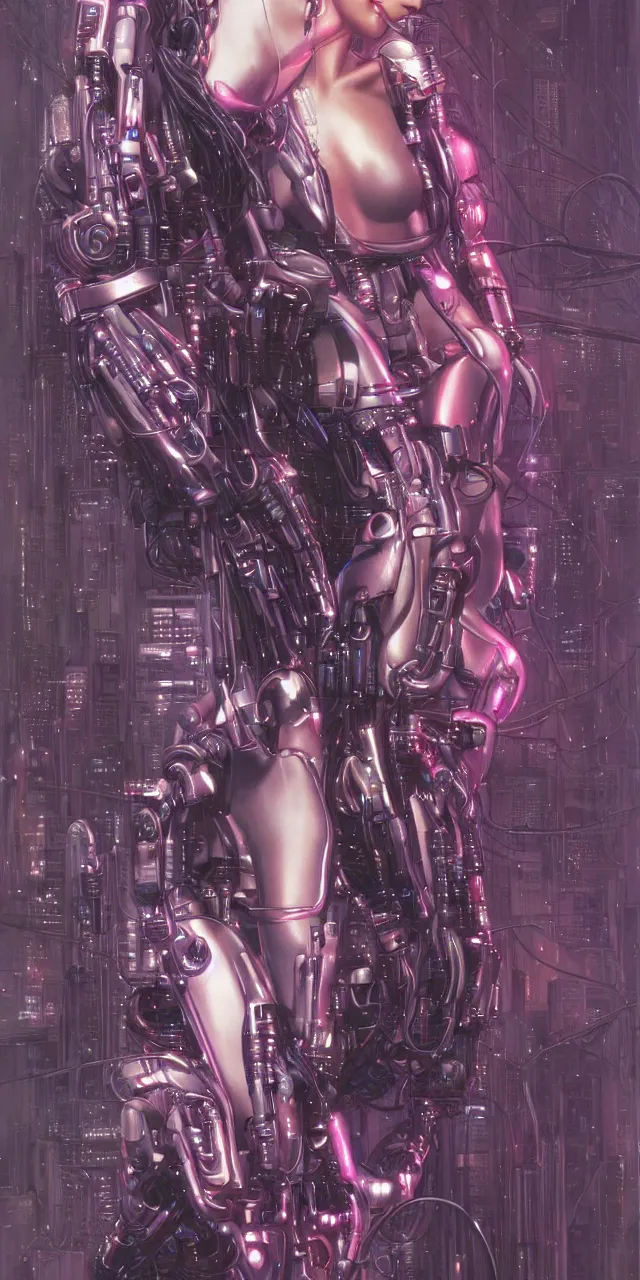 Image similar to beauty Blade Runner woman, robotic, cyberpunk, neon laser eyes, lots of cables and wiring, electrical details, trending on artstation, by Hajime Sorayama and Boris Vallejo