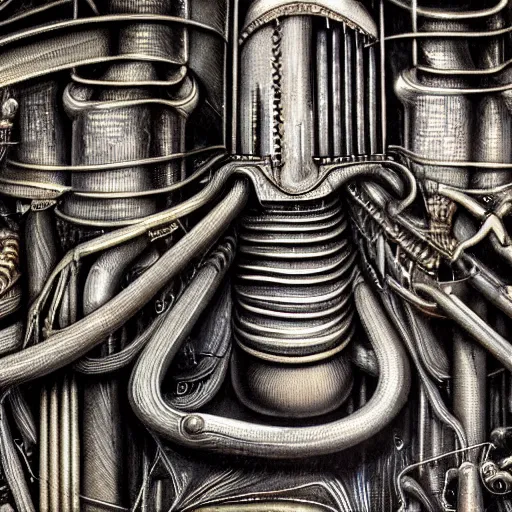 Image similar to infinitely detailed HR Giger painting of machinery, intricate details, high resolution, fine details, 4k