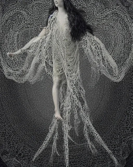 Image similar to a woman levitating above the sea, made of intricate decorative lace leaf skeleton, in the style of the dutch masters and gregory crewdson, dark and moody