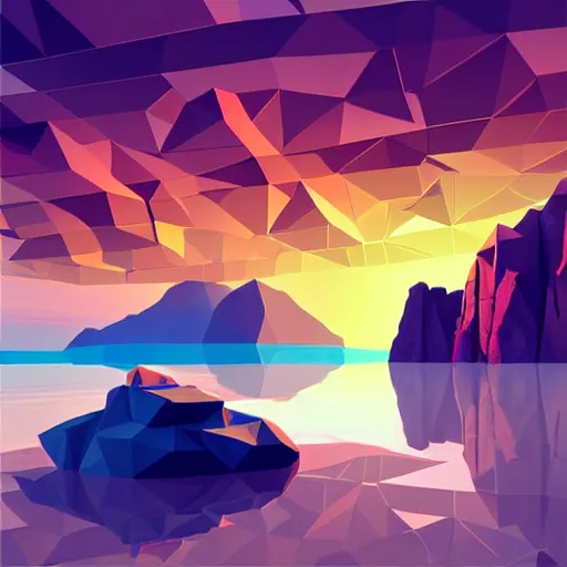Image similar to super detailed color lowpoly art, northern sunset with rocks on front, monochrome photorealistic bay in the middle of perspective and mountains at background, big graphic vessel, unreal engine, high contrast color palette, 3 d render, lowpoly, colorful, digital art, perspective, full volume composition, robb cobb, robert mccall, syd mead