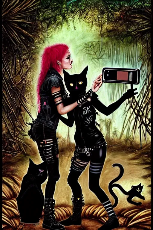 Image similar to punk rock girls kissing and making selfie with black cats in jungle , 1980 style, mad max jacket, post apocalyptic, Cyberpunk, renaissance, Gothic, mystic, highly detailed, digital painting, 4k, oil painting by Leonardo Da Vinci, hyper realistic style, fantasy by Olga Fedorova