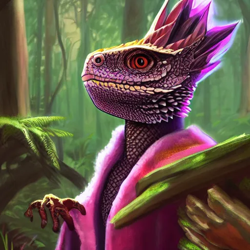 Image similar to concept art painting of an anthropomorphic bearded dragon anthro wearing magenta wizard robes, in the deep forest, realistic, detailed, cel shaded, in the style of makoto shinkai and greg rutkowski and james gurney