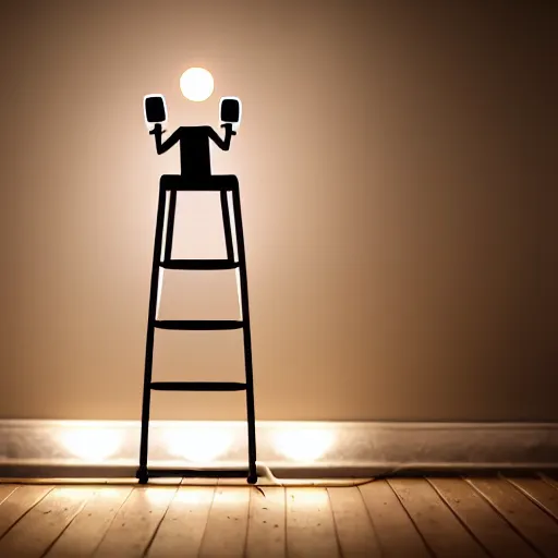 Prompt: a glowing robot girl, standing on a step stool. the glowing robot girl is replacing a defective lightbulb. there is a lampshade above the step stool. dark room.