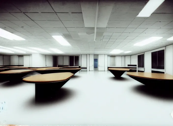 Image similar to polaroid photograph of a large white empty breakroom, retrofuturist liminal space, hundreds of old faux wood tables, crt tv mounted, trypophobia architecture, familiar place, clean, black mold, warm light, amateur, soft vintage glow, unreal engine, photorealistic, trending on artstation