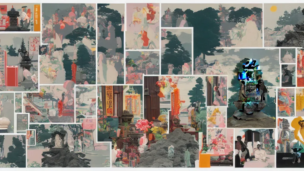 Image similar to an arrangement of buddhism traveller props, japan, a collage painting, in the style of wes anderson, lola dupre, david hockney, isolated on negative white space background dark monochrome neon spraypaint accents volumetric octane render