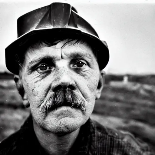 Image similar to portrait of coal mine worker by Diane Arbus, 50mm, bokeh