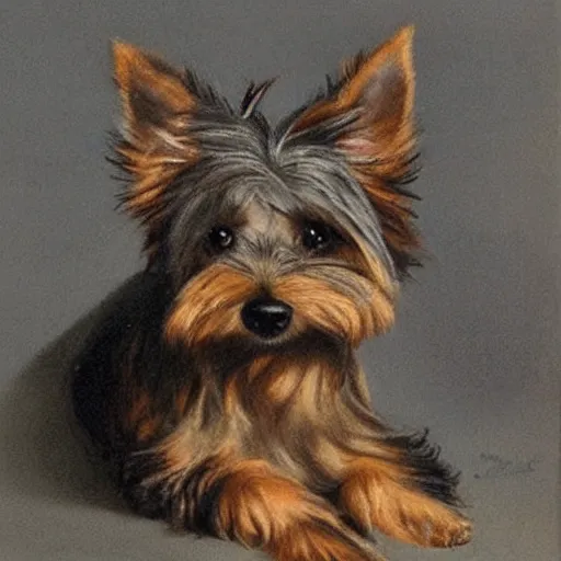 Prompt: brown and gray Yorkshire terrier dog, extremely detailed masterpiece, illustration, by Michael Sowa,