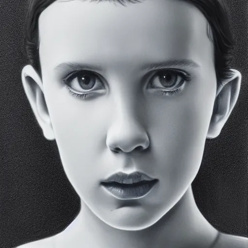 Image similar to millie bobby brown beautiful portrait of bust, medium shot, shallow depth of field, anamorphic lens, professional photography, highly detailed, photorealistic painting