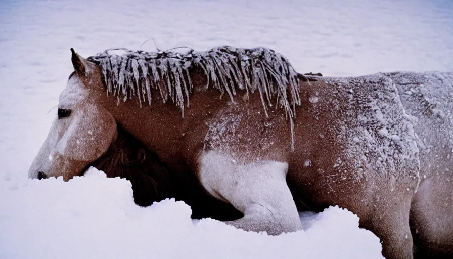 Image similar to 1 9 6 0 s movie still close up of marcus aurelius frozen to death under the snow, a horse frozen under the snow by the side of a river with gravel, pine forests, cinestill 8 0 0 t 3 5 mm, high quality, heavy grain, high detail, texture, dramatic light, anamorphic, hyperrealistic, detailed hair, foggy