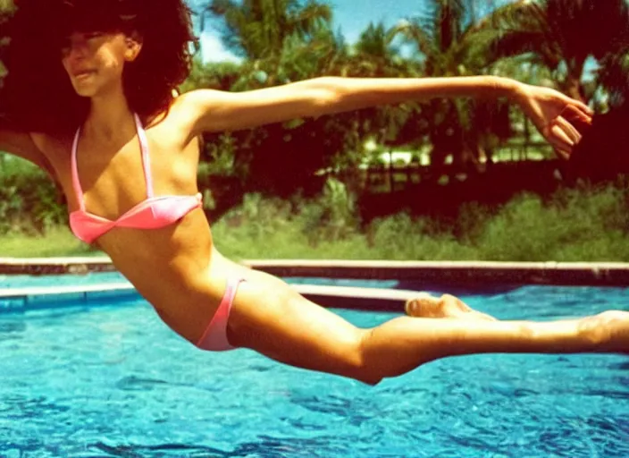 Image similar to color photo of a bikini girl diving down in a pool in the 8 0's
