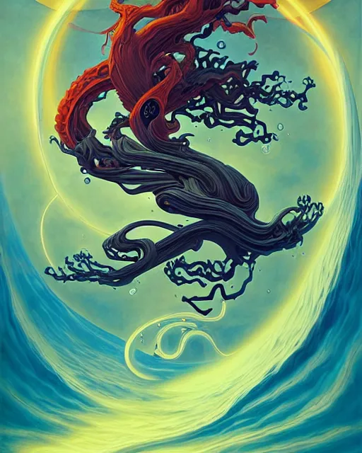 Prompt: liquid bonsai with twisting flames, peter mohrbacher, leiji matsumoto