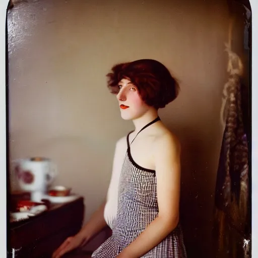 Image similar to a vintage 1 9 1 0 s kodachrome slide portrait of a young woman at home.