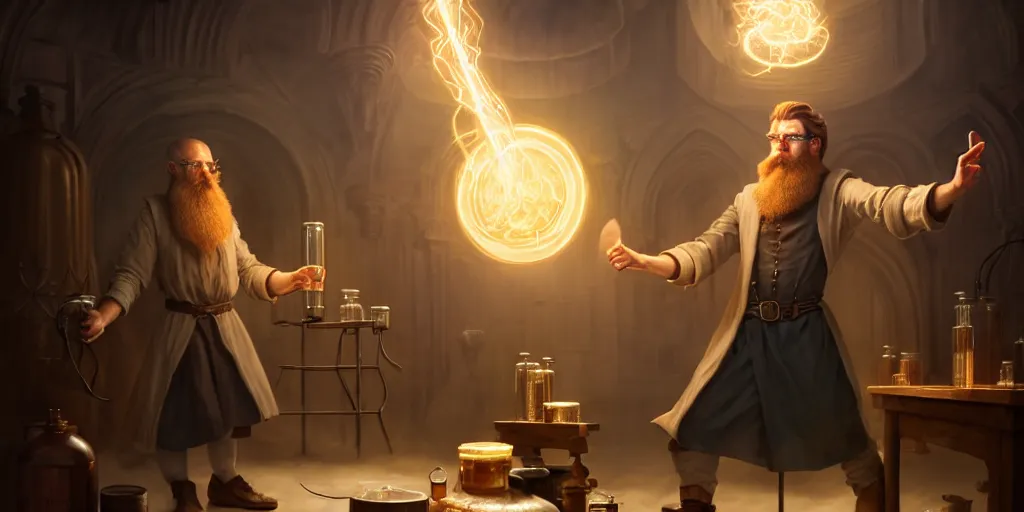 Image similar to a handsome bearded caucasian male sorcerer with brown hair, he is in a alchemist lab filled with beakers and equipment, he is casting a spell from a open book with magic filling the frame, neutral pose, epic composition, 4 k, light rays, super coherent, by dave melvin and greg rutkowski