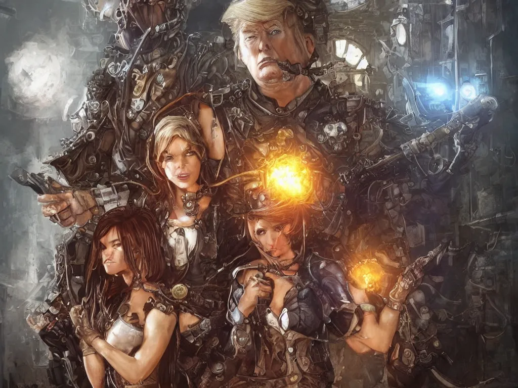 Image similar to Alex Jones standing beside donald trump in a prison jail cell, craig mullins, octane hoto of a female steampunk warrior A cute spaghetti-girl thief protagonist with leather-strap-armor and ninja weapons is exploring the tenth reality. A highly detailed fantasy character in the style of Tim Bu