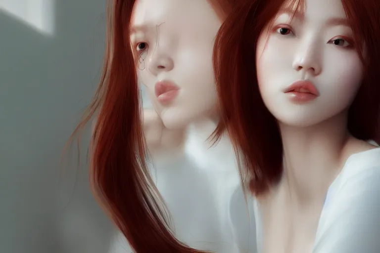 Prompt: hyperrealistic portrait of stunningly beautiful redhead korean girl in a morning light, trending on artstation,ultrawide angle, f8 , unreal engine