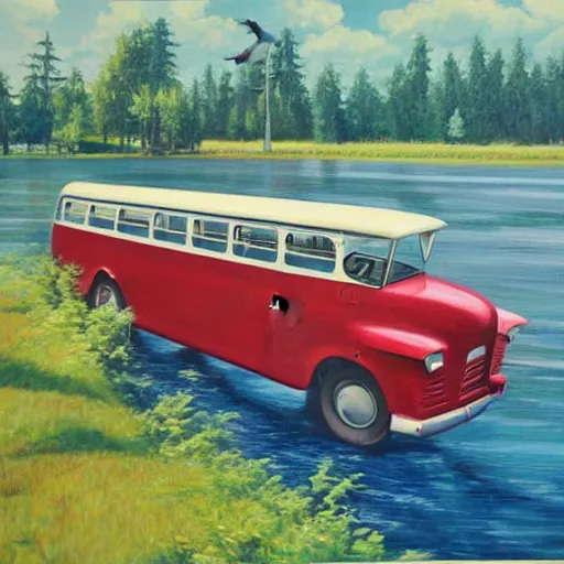 Image similar to a [ 5 0 s bus has airplane wings ] as it floats above a forest and lake, [ oil painting ]!!, trending on cgsociety, 4 k