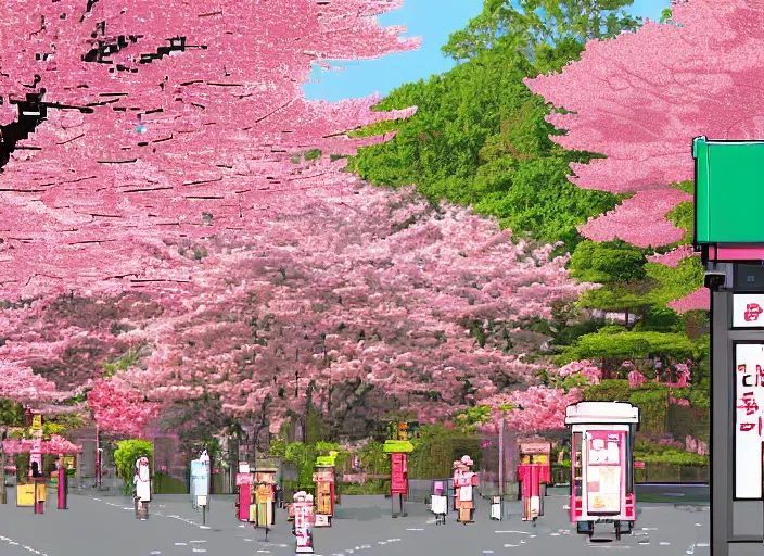 Image similar to pixel art of a bus stop in kyoto where cherry blossoms bloom a warm pink color.