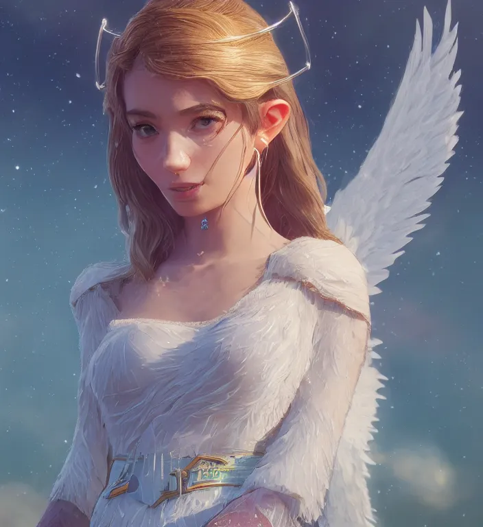 Prompt: centered waist up portrait of an angel wearing an incredible dress with jewelry, bokeh + DOF + 8k, photorealistic + rendered in octane + ultra realistic + backlit + strong rim light + HDRI, HD, by rossdraws, ghibli, breath of the wild, greg rutkowski, trending on artstation