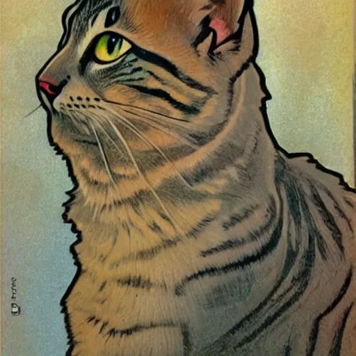 Image similar to gray tabby cat highly detailed in the style of Alphonse Mucha