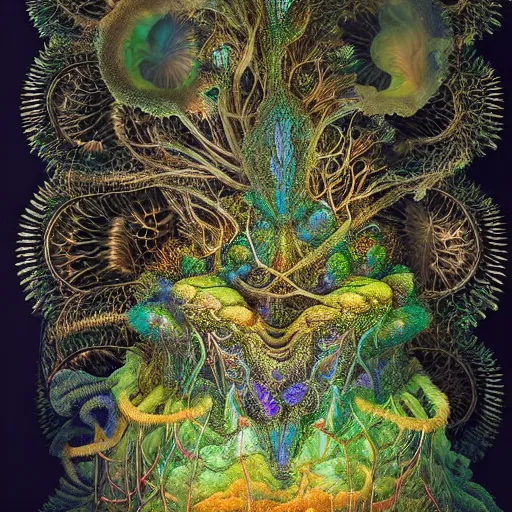 Image similar to a polyphonic symphony of fungal bio - communications inside a surreal 3 d fractal temple made up of organic fungal mushroom and mycelium, bioluminescent surfaces, inspired by ernst haeckel & escher & peter mohrbacher & remedios varo & agostino arrivabene