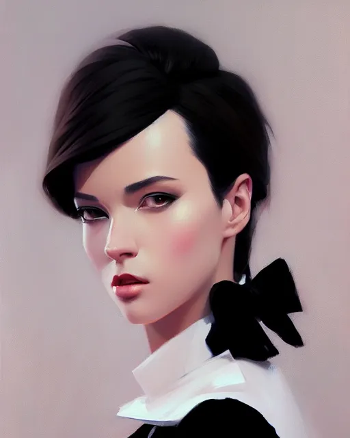 Prompt: a ultradetailed beautiful portrait panting of a stylish woman wearing a black tuxedo, oil painting, by ilya kuvshinov, greg rutkowski and makoto shinkai, trending on artstation