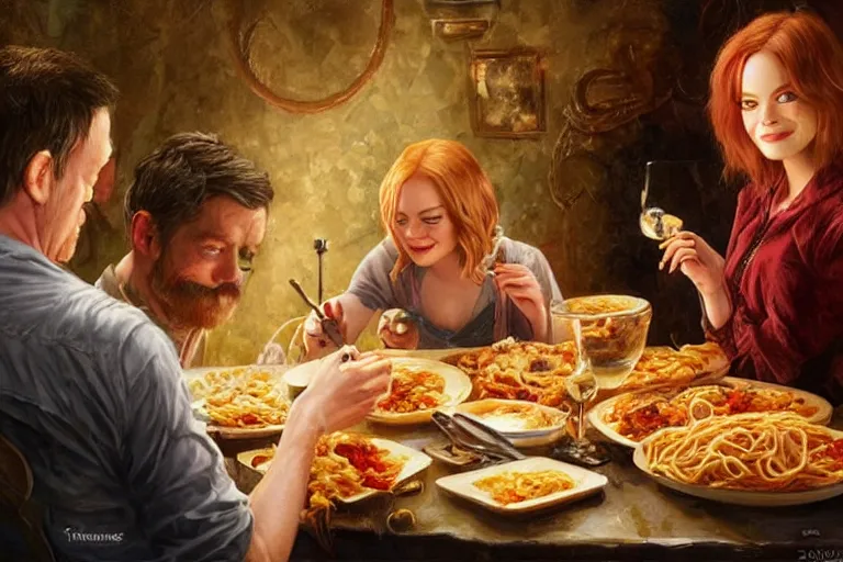 Prompt: emma stone having a spaghetti dinner with michael berryman, an oil painting by ross tran and thomas kincade