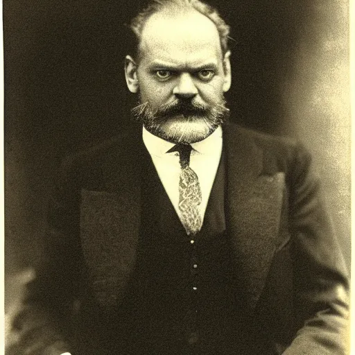 Image similar to headshot edwardian photograph of kelsey grammer, 1 9 2 0 s, sinister, evil, realistic face, 1 9 1 0 s, grainy, victorian, soft blur, by ernst haeckel