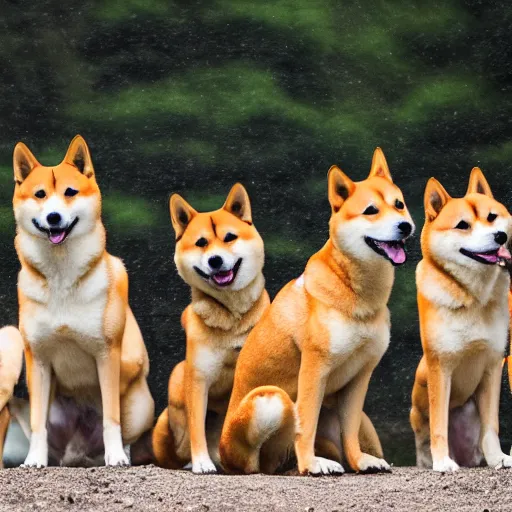 Image similar to A group of Shiba Inus in levander field, 8k UHD, Nature photography, high detail, High quality, stunning lighting, beautiful lighting,