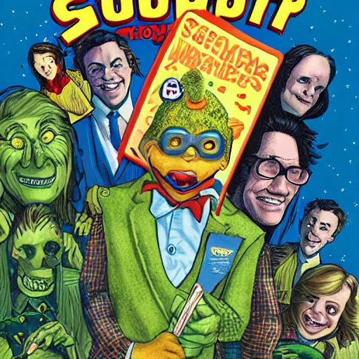 Prompt: goosebumps book cover, tim jacobus art, a mean mailman