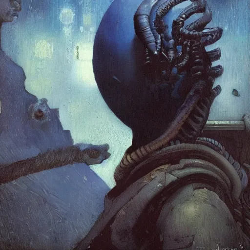Prompt: aliens illustrated by johannes vermeer, greg rutkowski, gaston bussiere, van gogh, davinci, and zdzisław beksinski, award - winning, cgsociety contest winner