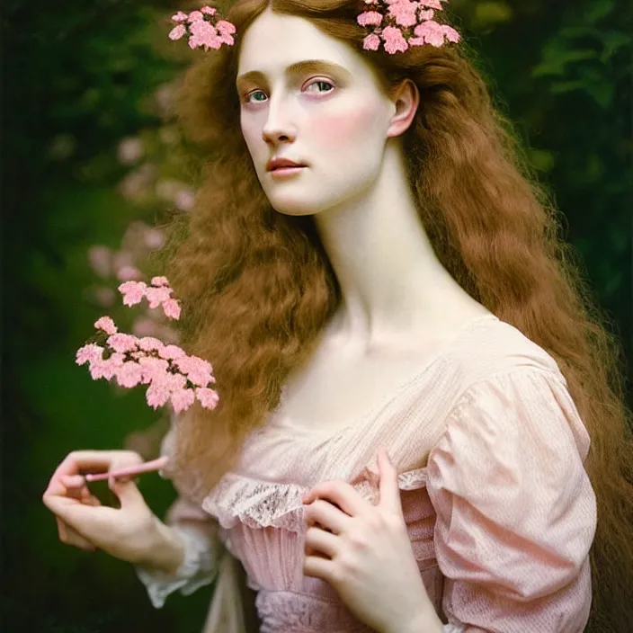 Prompt: Kodak Portra 400, 8K, soft light, volumetric lighting, highly detailed, britt marling style 3/4 ,portrait photo of a beautiful woman how pre-Raphaelites painter, a beautiful pink detailed lace dress and hair are intricate with highly detailed realistic beautiful flowers , Realistic, Refined, Highly Detailed, natural outdoor soft pastel lighting colors scheme, outdoor fine art photography, Hyper realistic, photo realistic,warm backlight