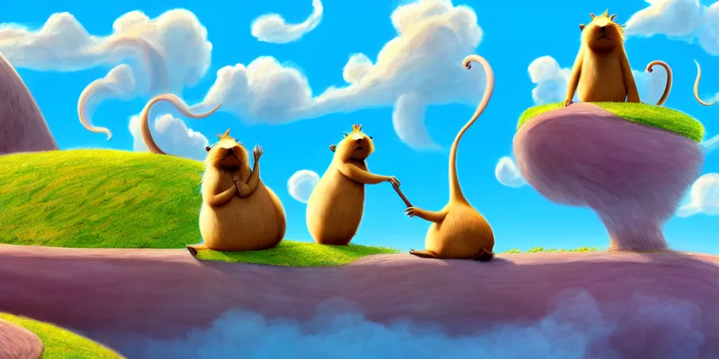 Image similar to cartoon concept art, capybara character, spiral clouds, from lorax movie