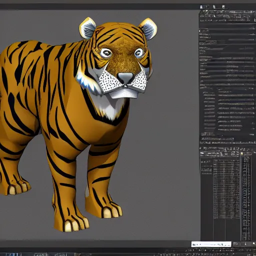Prompt: 3D polygon model of a sabertooth tiger, no details, designed in blender and unreal engine V, metal fur