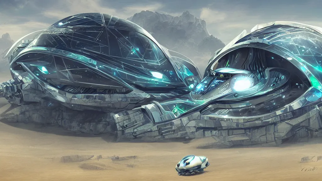 Prompt: a beautiful digital artwork of a futuristic diamond frog spaceship in a galaxy of sand, trending on artstation, realistic