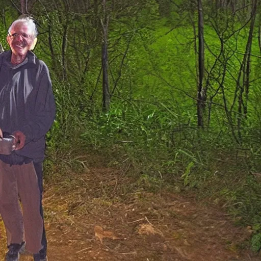 Prompt: a smiling old man spotted on a trail cam at night