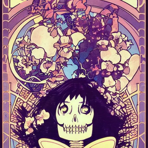 Prompt: anime manga skull portrait girl female skeleton astronaut illustration ditko and alphonse mucha pop art nouveau