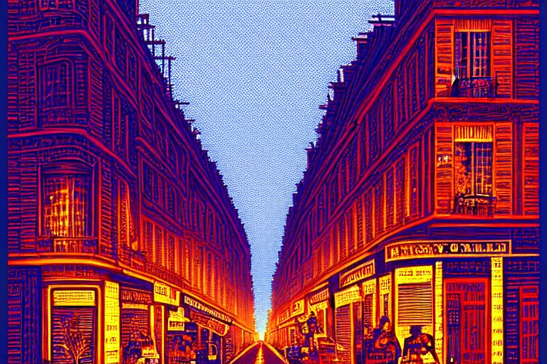 Image similar to a city street in paris under the dark sun, beautiful detailed pixelart by albertov, intricate details, beautiful, dithered gradients, volumetric lighting, cgsociety, artstation, smooth, sharp focus, 2 d illustration, amazing art by dan mumford