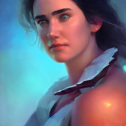 Image similar to jennifer connelly, colorful oil painting by greg rutkowski, charlie bowater, yuumei, yanjun cheng, unreal 5, daz, hyperrealistic, octane render, rpg portrait, dynamic lighting, fantasy art, beautiful face