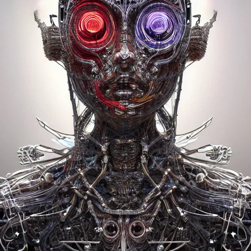Prompt: timeless cybernetic deity with circuitry skin and networked mind tripping on acid, intricate detail, royo, whealan, giger, klimt, hd, octane render, unreal engine,