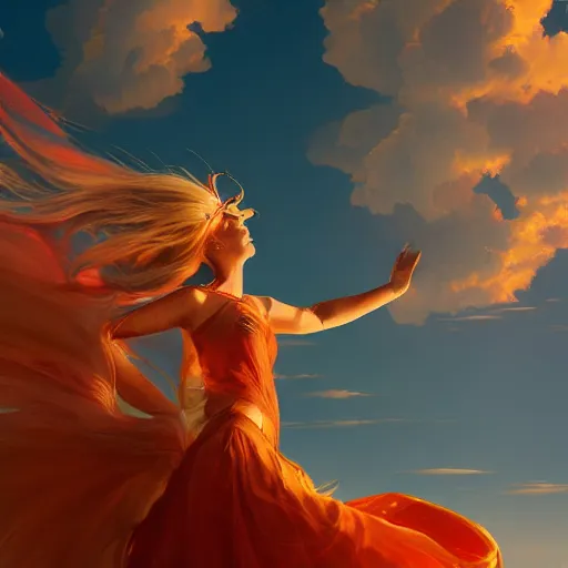 Image similar to goddes of the sun, beautiful, stunning, red golden dress, whirling with power in the sky, unreal engine, concept art, photorealistic, cinematic, james jean, akira, satochi con