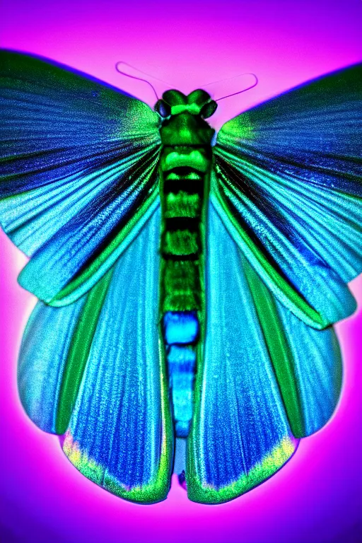 Image similar to high quality macro photo silky iridescent moth! jewelled gorgeous! highly detailed david ligare elson peter cinematic blue neon lighting high quality low angle hd 8k sharp shallow depth of field